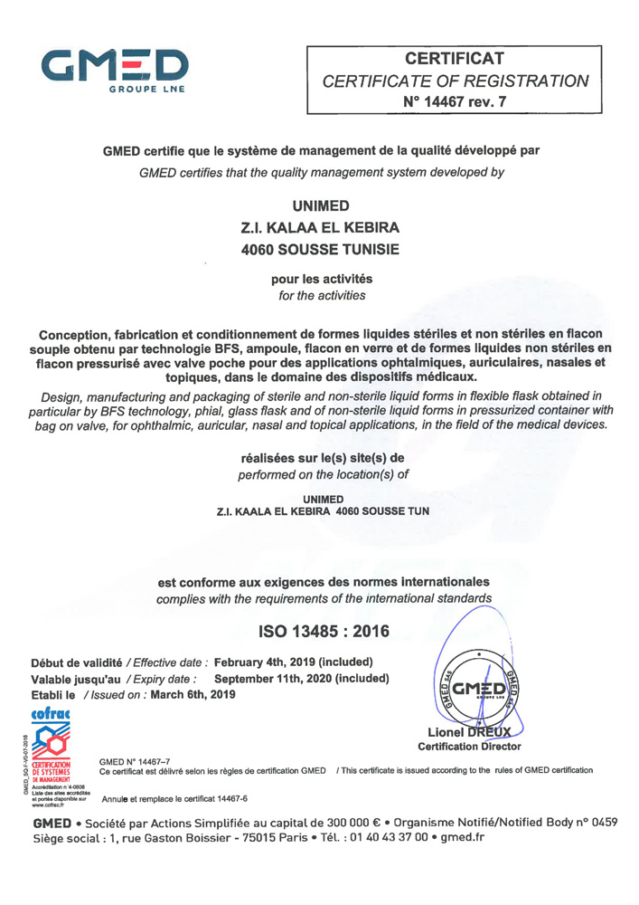 Certificate of ISO 13485 : 2016 – UNIMED Laboratoires